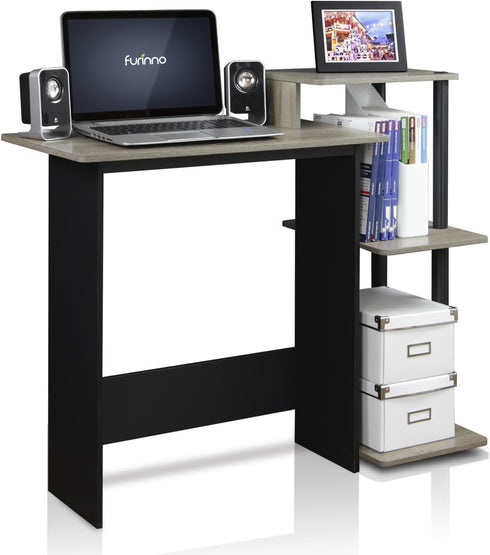 Furinno Efficient Home Laptop Desk with Square Shelves, French Oak Grey/Black Finish