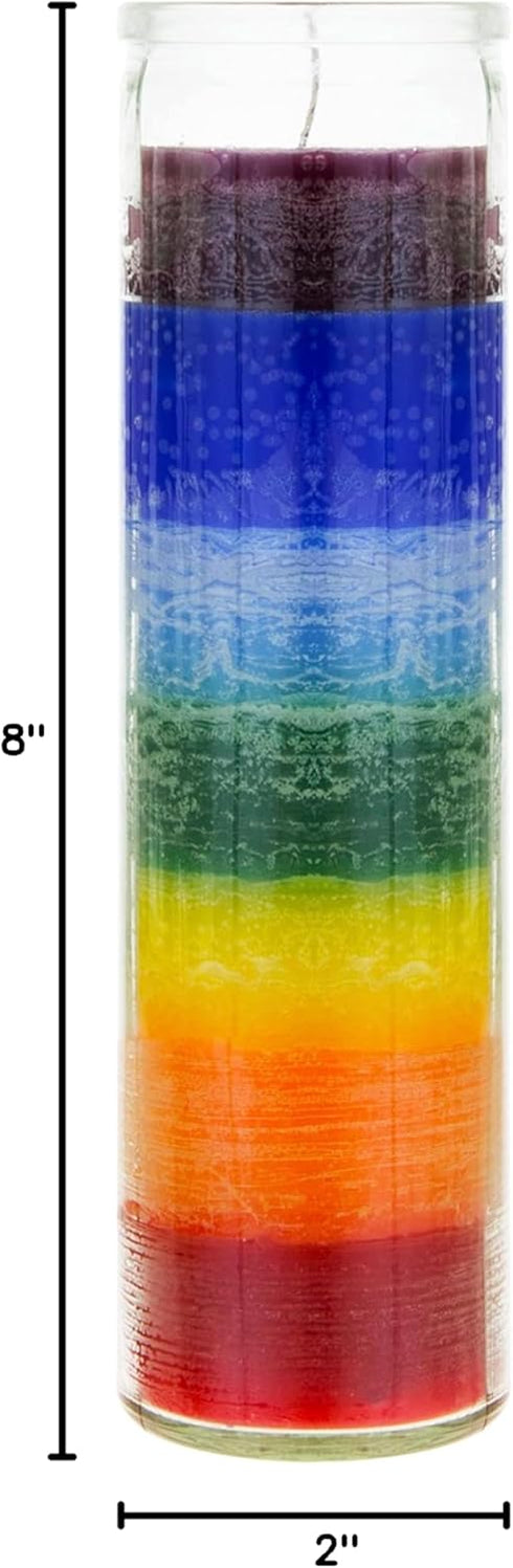 Mega Candles 1 pc Unscented Multi Color Chakra Glass Devotional Prayer Candle - Hand Poured Premium Wax, 2 Inch x 8 Inch