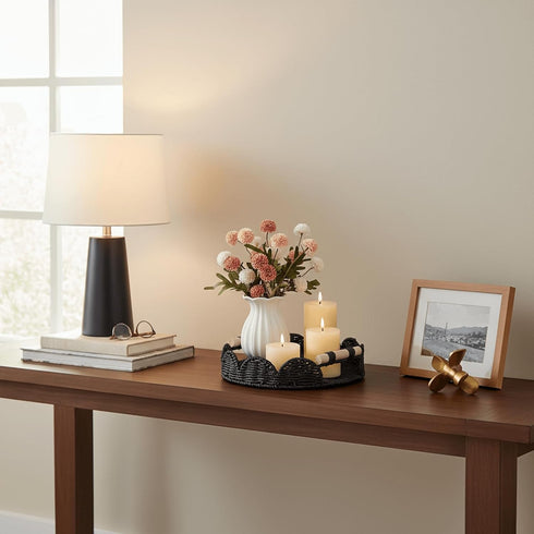 CubesLand Round Scalloped Decorative Centerpiece Tray for Coffee Table, Home Decor, Living Room - Black Tray w/Wooden
