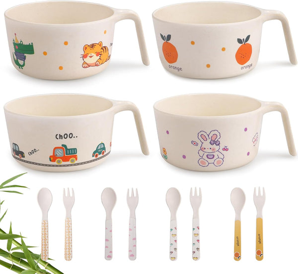 shopwithgreen Bamboo Kids Bowls Set, 4 Reusable Small Bowls with 4 Spoons & Forks, Dishwasher Safe