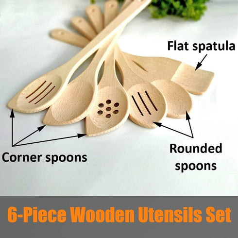 Healthy Wooden Spoons for Cooking, Set of 6, Safe Reliable Cooking Utensils, 100% Natural Nonstick Wood Spatula Spoon