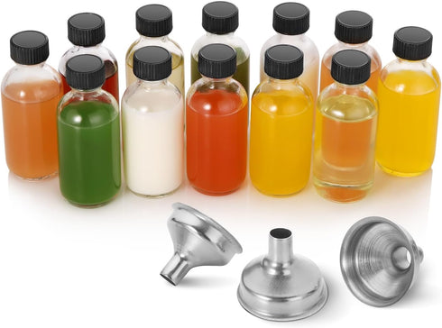 AOZITA 12 Pack, 2 oz 3 60ml Immunity, Small Clear Glass Bottles w/Lid & Funnels - Boston Shot Bottles for Health