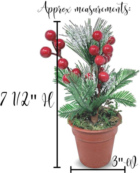 Christmas Tabletop Decorative Pots Set of 3 with Pine Red Berries, Pine Cones Greenery - Snow Flocked Xmas Holiday Decor