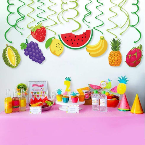 30Ct Tutti Frutti Hanging Swirl Decorations, Tropical Fruit Party Supplies for Summer Birthday Luau