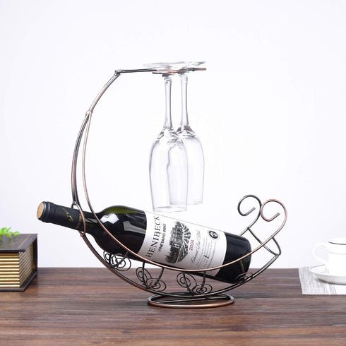Homya Tabletop Metal Wine Bottle Rack Elevated Vertical Countertop Wine Glass Display Organizer, Dining Table Offers Wine Glasses as Gifts, Holds 1 Bottle 2 Glasses, Plating Craft Bronze by Homya