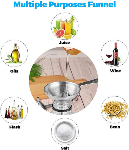 Stainless Steel Funnels, 3 in 1 Kitchen Funnels with Handy Handle for Transferring Liquid, Dry Ingredients & Powder