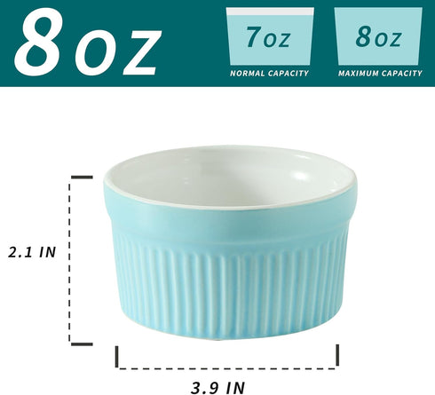 8 oz Set 6 Hasense Ramekins Oven Safe for Creme Brulee, Ceramic Souffle Dish with Ribbed Pattern for Baking, Porcelain