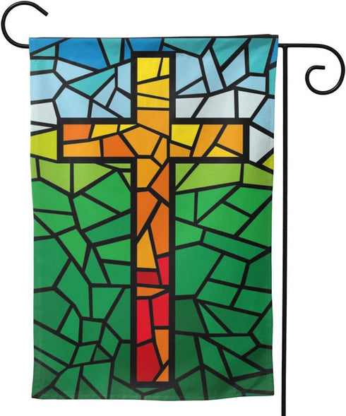 YISHOW Jesus Christ Cross Religious Stained Glass Style Garden Flag 12.5"X18" Double Sided Vertical Christian Outdoor