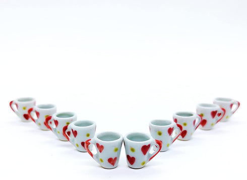Inch 10 Set ChangThai Design Very Tiny White Red Hearts Ceramic Coffee Mug Pieces - Miniature Tableware Cup Tray Bowl