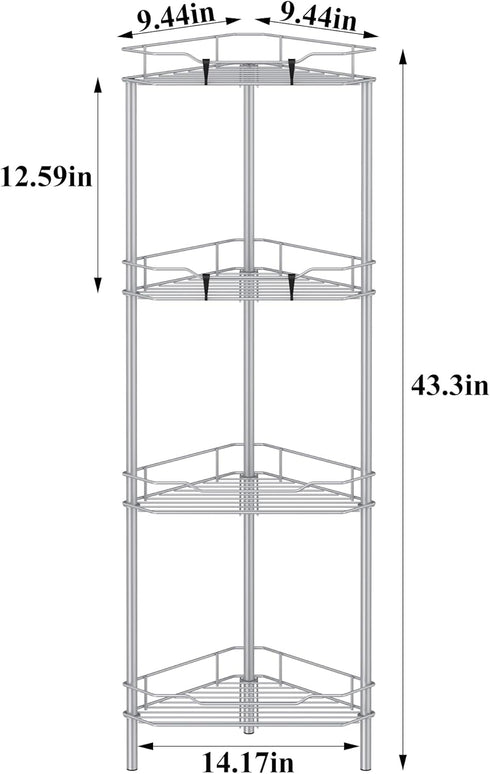 HuggieGems 4 Tier Floor Standing Corner Shower Caddy Organizer Shelf with Hooks, Bathroom Shelves Stand Rack, Silver