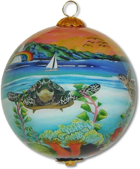 Collectible Hawaiian Glass Ornament, Hand Painted Sea Turtles in the Sunset with Gift Box