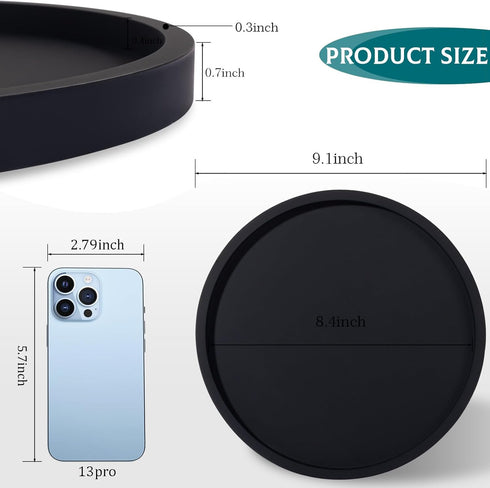 Silicone Bathroom Tray, Round Vanity Decorative Soap Holder for Kitchen Countertop, 9 Inch, Black