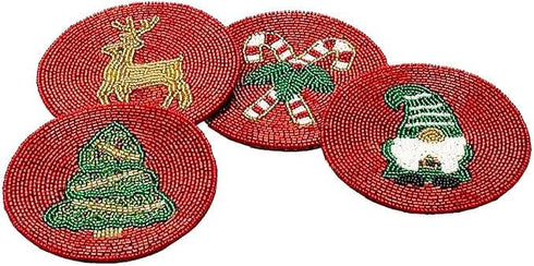 Set 4 (4") Folkulture Coasters of | Holiday Magic Beaded Handmade Round Drink Coasters for Coffee Table & Bar | Boho