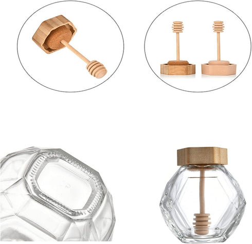 DongAi 2 Dispenser380ml, Kitchen(12 Pieces of Crystal Shaped Glass Honey Jar, Wooden Lid With Dipper, Glass Honey