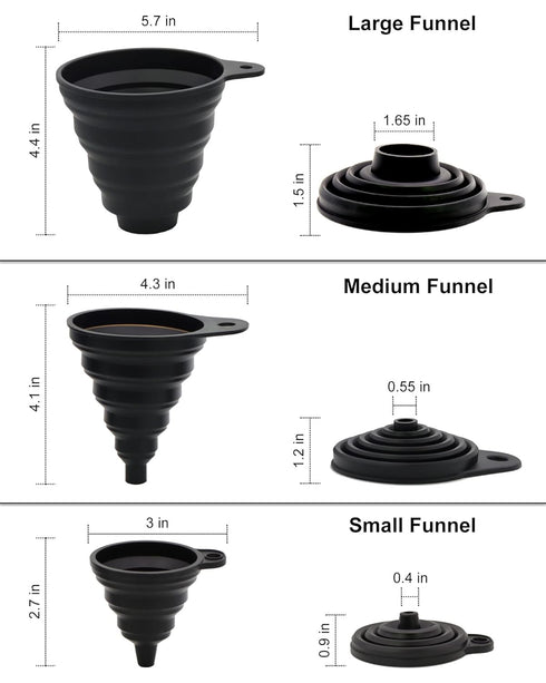 3 Sizes Kitchen Funnel Set, Food Grade Silicone Collapsible Funnels for Filling Bottles, Liquid & Powder Transfer