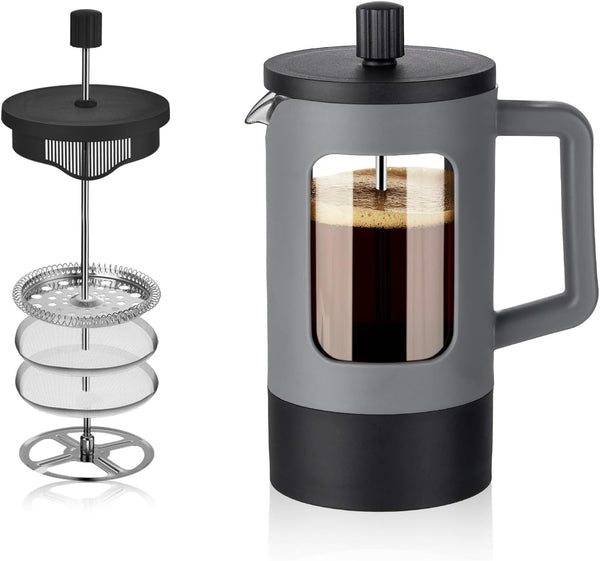YOLIFE 12oz French Press Coffee Maker, 1 Cup, Heat-resistant Borosilicate Glass, 4-Level Filters, Portable Cold Brew