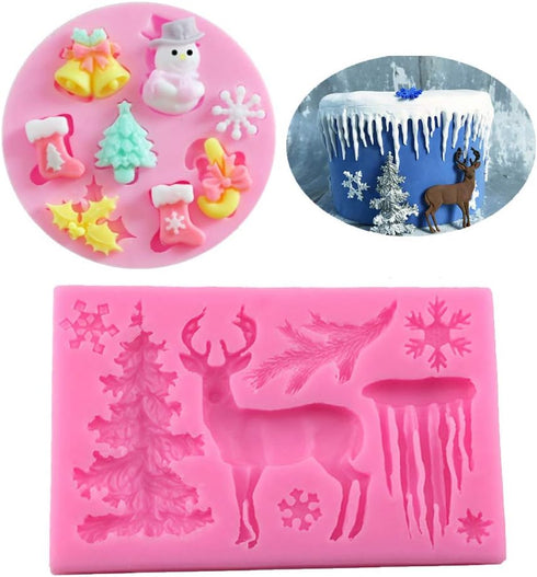 2Pcs/Set Christmas Tree Silicone Mold, Santa Claus, Reindeer, Snowflake, Snowman for DIY Chocolate, Cake Decor
