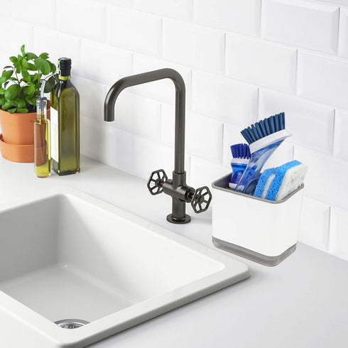 KeFanta Sink Counter Caddy – Plastic Dish Sponge Holder with Drain Tray, Kitchen Organizer (White)