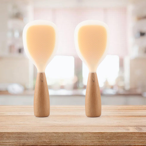 2 Pack Silicone Rice Paddle Spoon with Wood Handle, Nonstick Standing Rice Cooker Spatula Kitchen Tool
