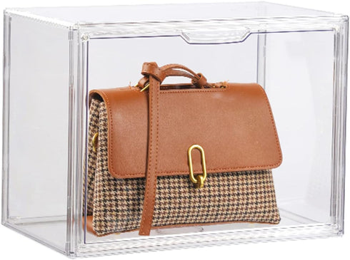 FABROK Clear Book Storage Organizer Box - Plastic Stackable Book Display Case with Magnetic Door - Assemble Storage