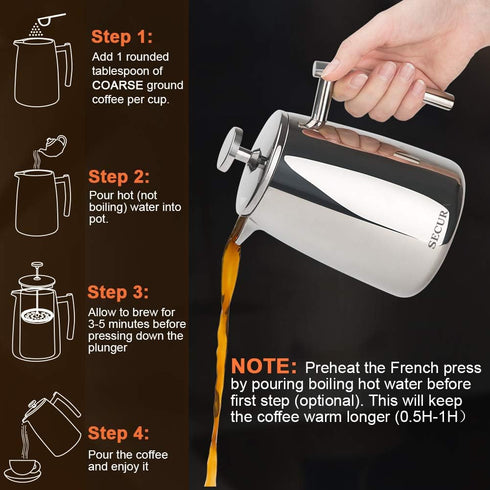 Secura 17-Ounce French Press Coffee Maker, 304 Stainless Steel Insulated with Extra Screen