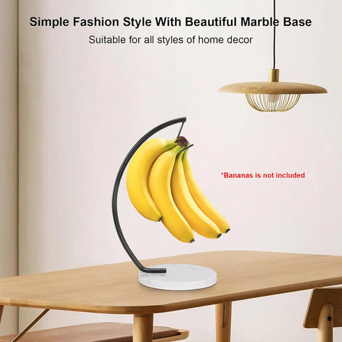 Black Banana Holder with Marble Base, Metal Hanger Tree Stand for Fresh Fruit Storage, Freestanding Kitchen Organizer