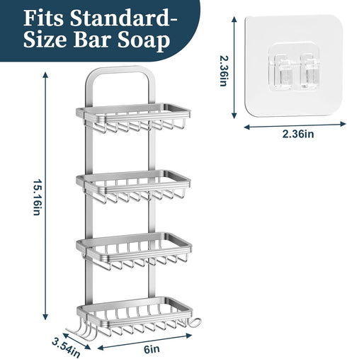 4 4 Tier Soap Bar Holder for Shower, Aluminum Wall Mounted Rustproof Soap Holder with Hooks and Razor Holder, Shower