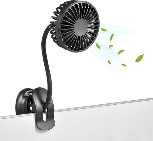 Clip on USB Mini Fan, Battery Operated Desk Fan with Emergency Power Bank, 3 Speeds, Black