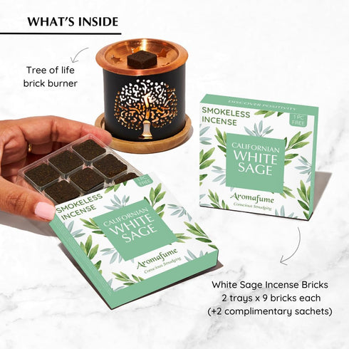 California White Sage Incense Bricks - 2 x 9 Bricks & Tree of Life Exotic Burner by Aromafume for Positivity