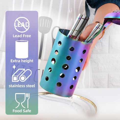 Stainless Steel Kitchen Utensil Holder (H6.7” x W4.1”), Caddy for Spatulas, Spoons, Silverware & More, Kitchen Decor