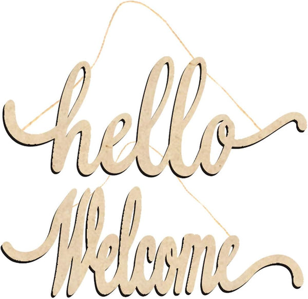 Hello Welcome Wood Sign Cutout, Wooden Letter Sign DIY Block Words for Home Door Wall Art Decoration