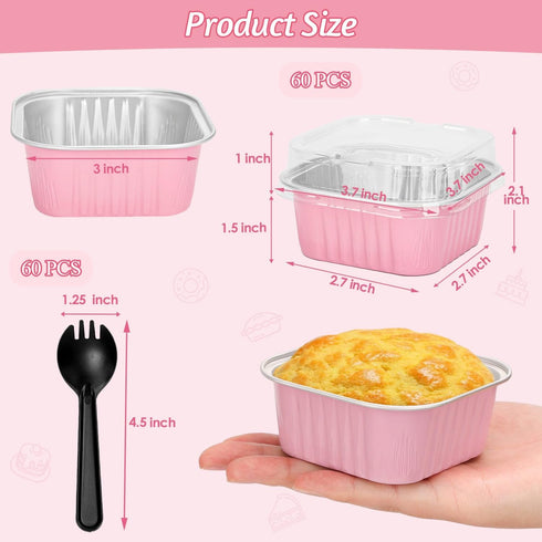 selizo 60 Pack Mini Disposable Cake Pans with Lids, 5oz Aluminum Foil Square Baking Cups for Individual Cakes