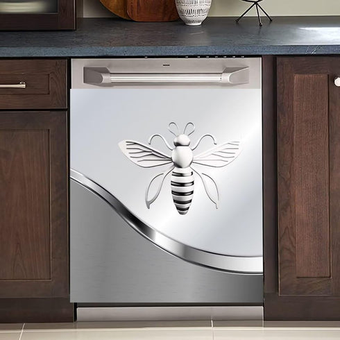 Dishwasher Magnet Cover Kitchen Decor, Silver Stainless Steel Bee Pattern Vinyl Decal, 23 W x 26 H