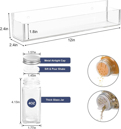 PMMASTO 12 238 Set 2 Pack) Adhesive Acrylic Spice Rack Organizer with Empty Square Spice Jars, Spice Labels with Chalk