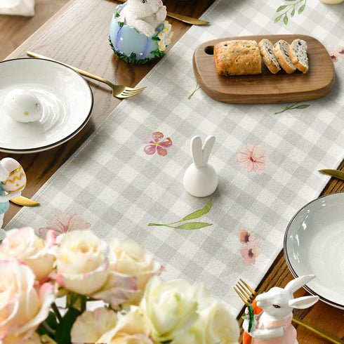 Artoid Mode Buffalo Plaid Bunny Rabbit Ears Flower Easter Table Runner - 13 x 108 Inch Kitchen Dining Decoration.