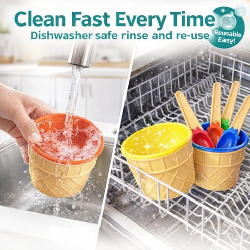 Set (Pack 6) Frozen JoyServe Ice Cream Bowls and Spoons - of Reusable Plastic Ice Cream Cups and Waffle Cone Shaped