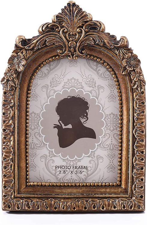 SIKOO Vintage Mini Picture Frame 2.5 × 3.5, Antique Small Ornate Table Top Wall Mounting Photo Frame - Bronze Gold