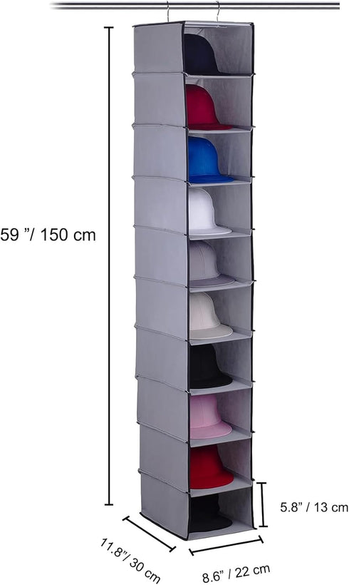 GRANDAN Hat Rack with Upgrade Metal Hooks, 10 Shelf Hanging Closet Organizer for Baseball Caps, Gray