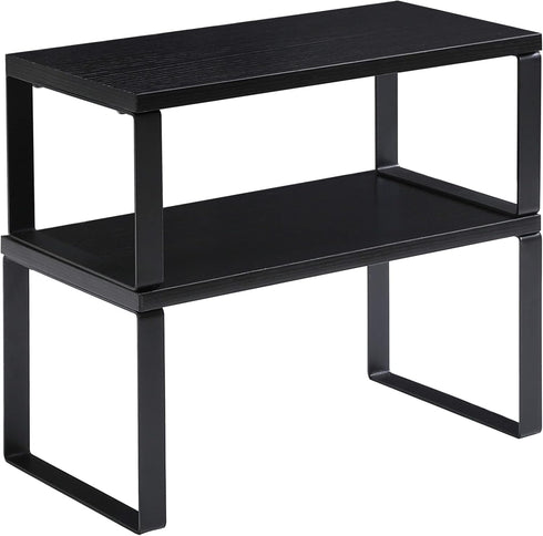 YMYNY Cabinet Shelf Organizer, Set of 2 Extendable Countertop Storage Racks for Kitchen, Bathroom, Black Metal