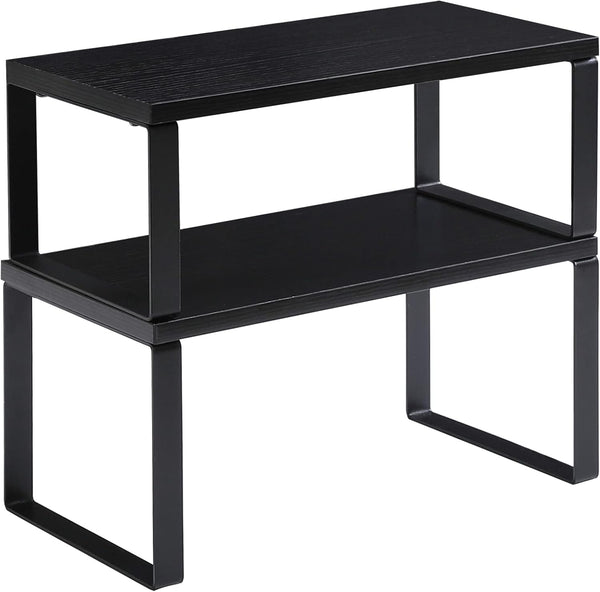 YMYNY Cabinet Shelf Organizer, Set of 2 Extendable Countertop Storage Racks for Kitchen, Bathroom, Black Metal