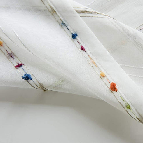 pureaqu Faux Linen Stripe Pom Pom Sheer Curtain, Embroidered Colorful Rainbow Semi Sheer Voile Window Curtain for