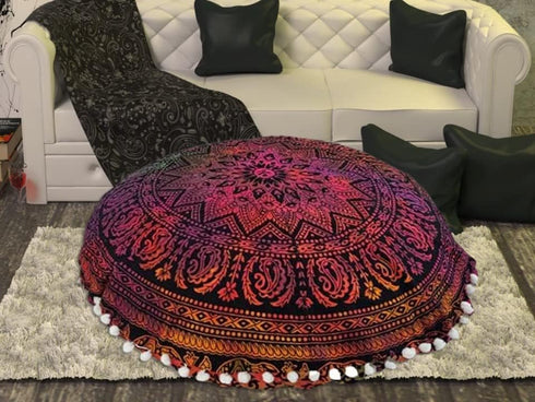 22 Inch Throw Floor Pillow Covers Tie Dye Round Pouf Seating Home Decor Flower Printed Indian Mandala Ottoman Cotton
