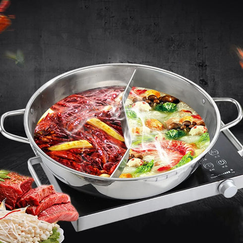 Cabilock Nonstick Frying Pan, 32cm Double Flavor Hot Pot with Divider, Stainless Steel Dual Sided for Induction Cooktop