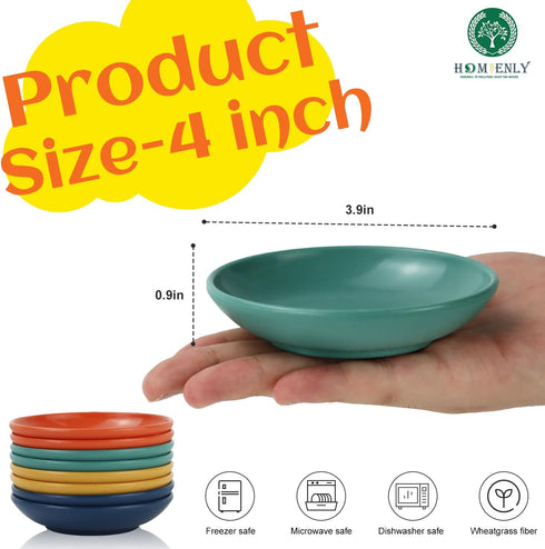 Homienly Plastic Dipping Plates Set of 8-4 inch Wheat Straw Plates Soy Sauce Dish & Bowl, Small Dipping Sauce Bowls, Mini Appetizer Plates for Side Dishes, Condiment,BBQ and Party Dinner - MultiColor by Homienly