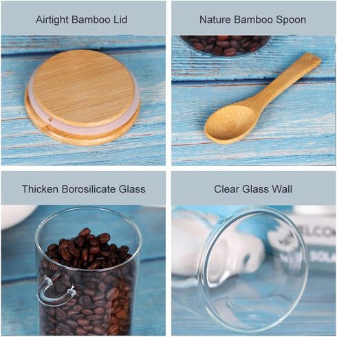 3 Pack 16 OZ Countertop, Glass Jar with Bamboo Lid and Spoon, Tea Containers for Loose Leaf Tea, Salt and Sugar