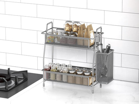 LEMIKKLE Spice Rack Organizer for Kitchen Counter, Metal Storage for Spices and Seasonings with Side Basket (Grey)