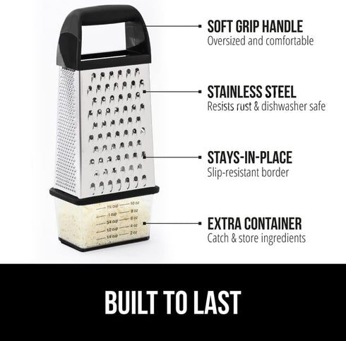 GORILLA GRIP XL 4-Sided Cheese Grater with Container, BPA-Free Stainless Steel Box Grater, Black