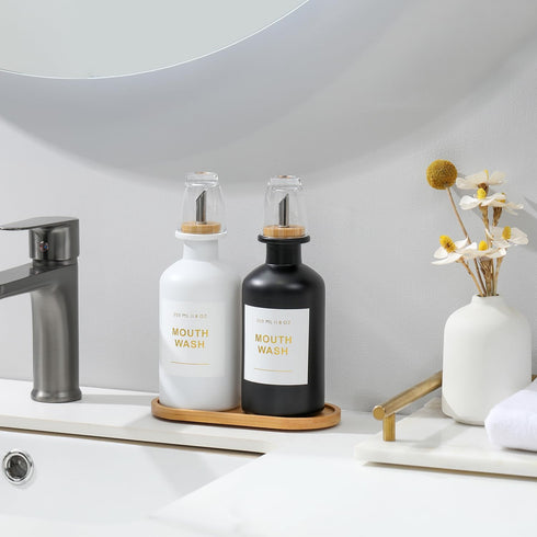 BONLONG 11.8OZ Set 2Black/White Mouthwash Dispenser for Bathroom with Bamboo & Stainless Steel Pour Spout, Mouthwash