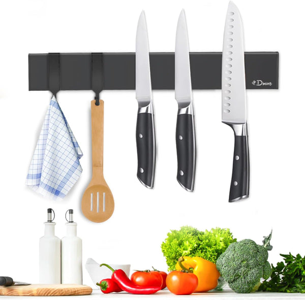 Magnetic Knife Holder for Wall, 10 Inch Black Knife Strip with 2 Hooks, Powerful Magnet Rack with Adhesive Tape and
