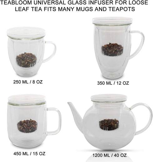 Teabloom Universal Glass Tea Infuser with Dual-Purpose Lid/Coaster - Hygienic Non-Toxic Glass Filter for Loose Tea